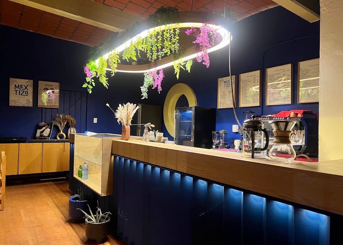 Barra de Mextizo Café con luces cálidas y follaje colgante sobre el mostrador de madera